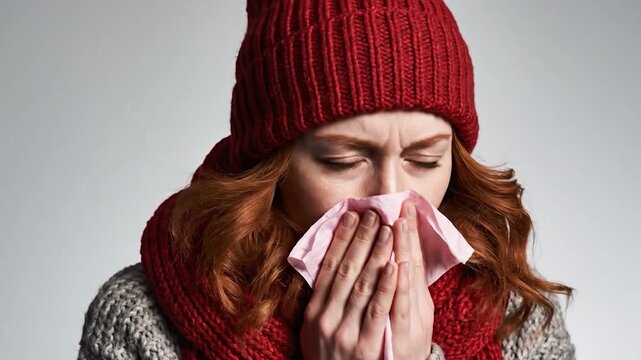 Woman blowing nose feeling unwell in warm winter clothing