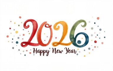 Colorful Happy New Year 2026 Calligraphy Elegant Script on White Background with Subtle Watercolor Accents Modern Greeting. High quality