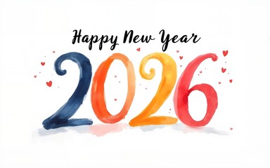 Colorful Happy New Year 2026 Calligraphy Elegant Script on White Background with Subtle Watercolor Accents Modern Greeting. High quality