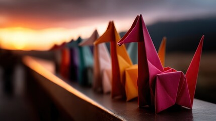 A detailed close-up view of origami cranes in bright hues captures their intricate folds and delicate design, set against a soft, serene backdrop, emphasizing the beauty of handmade art.