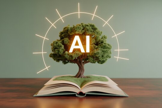 Abstract concept of ai growth, tree sprouting from book, nurturing intelligence for an eco-friendly, sustainable technological future