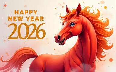 Festive Happy New Year 2026 greeting card featuring a red fire horse in vibrant watercolor style. Elegant golden text and abstract painted background. Ideal for Chinese zodiac or holiday design.