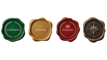 Hyper-detailed, metallic shimmer, embossed text Achievement, Certified, Excellence, Success, luxurious parchment, photorealistic vector, trending design. Transparent background.