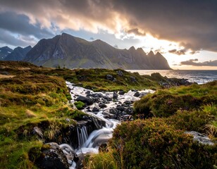 Stunning sunset over a mountain stream