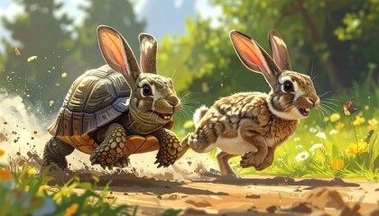 Two animals running through a sunny field