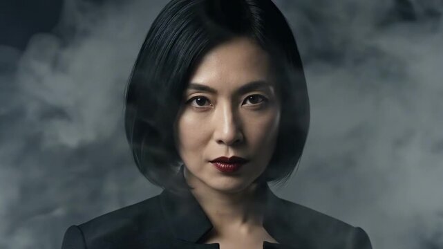 japanese lady - A poised japanese lady with a sleek bob hairstyle stands amidst swirling smoke, exuding an aura of mystery and confidence, her gaze intense and focused on the viewer