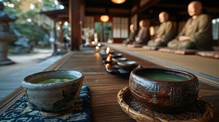 A serene image captures a traditional Japanese tea ceremony setting featuring monks, tea bowls, and an atmosphere promoting tranquility, mindfulness, and harmony, rich in cultural essence.