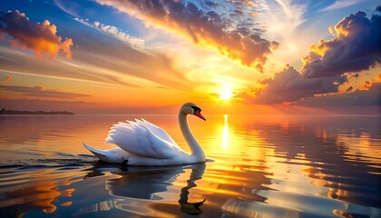 Graceful white swan gliding on serene waters mirroring a vibrant sunset sky filled with colorful clouds