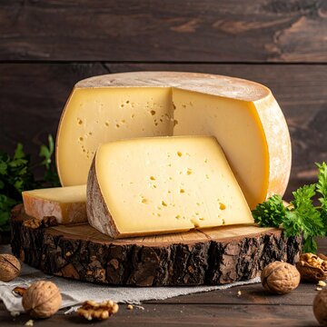 Round cheese wheel sliced, on a wooden board with walnuts and herbs