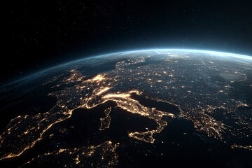the earth at night, showing the lights of europe and spain in detail, with a dark sky background and stars on top. space view from orbit. elements illustration, 3d rendering. hd stock photo,