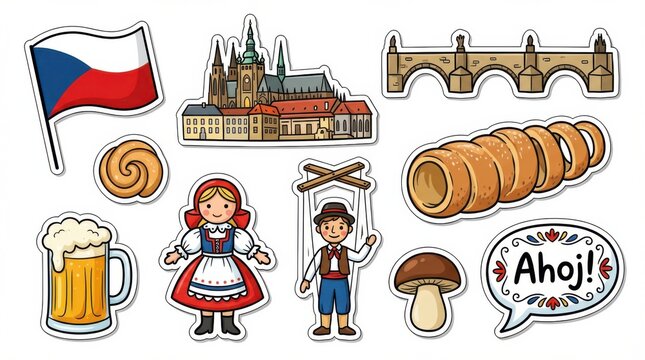 fun czech republic sticker set featuring national flag landmarks traditional food and cultural icons cartoon style