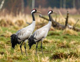 Two cranes in a grassy field