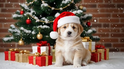 Cute Christmas Puppy Wearing Santa Hat with Holiday Gifts &ndash; Festive Dog Pet Portrait 
