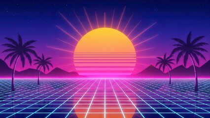 Vibrant Retrowave Sunset with Palm Trees and Grid Landscape.