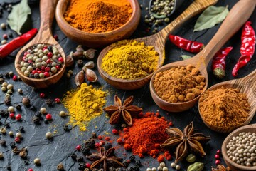 Overhead flat lay view of various colorful spices in rustic wooden spoons and clay bowls, spilled textured background on dark table