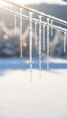 Sunlight sparkles through delicate icicles hanging from electric wires on a cold winter morning in the mountains, capturing the beauty of nature and the fragility of infrastructure in freezing tempera