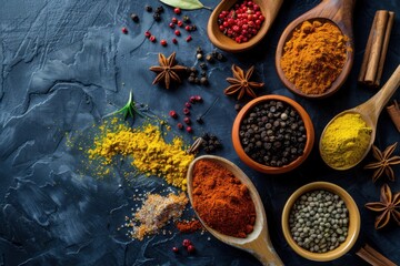 Overhead flat lay view of various colorful spices in rustic wooden spoons and clay bowls, spilled textured background on dark table