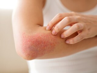 Woman Scratching Elbow with Eczema or Skin Rash Close-Up