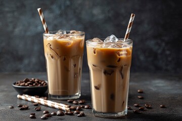 two glasses of iced coffee with cream on a dark background, with coffee beans and straws nearby. flat lay style, side view. stock photo contest winner, stock photo, photography. 