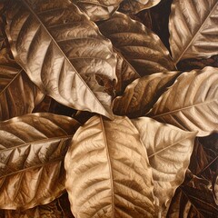 Dried leaves, warm earthy tones.  Close-up, detailed texture