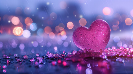 A glowing pink glass heart on a soft, luminous background, sparkling beautifully and creating a gentle feeling of happiness, perfect for Valentine&rsquo;s Day.