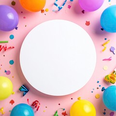 Blank white circle surrounded by colorful balloons, confetti, and streamers on a pink background