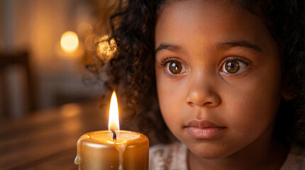 Close-up of a cute African American girl looking at a burning candle flame with wonder. Spiritual concept of hope, prayer, innocence and Christmas peace in the dark.
