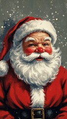 Classic jolly Santa Claus portrait illustration. Vintage Christmas Santa with red suit and white beard. Cheerful Santa Claus close up on snowy background.
