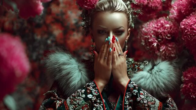 Elegant Woman Adorned With Flowers and Fur.