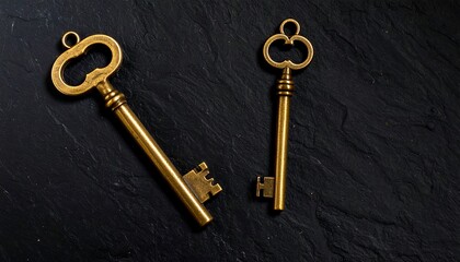 Two antique brass keys on dark stone