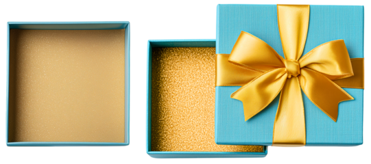 top view of an elegant blue & golden gift lid and empty glitter box interior isolated over white; concept of surprise opening, good otfer text/product presented inside a package