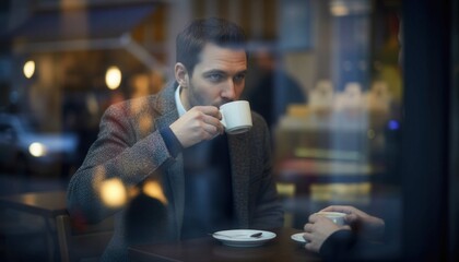 S&eacute;rie real life - Un jeune homme est photographi&eacute; &agrave; travers une vitre l&eacute;g&egrave;rement sale, avec des reflets lumineux 
