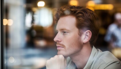 S&eacute;rie real life - Un jeune homme est photographi&eacute; &agrave; travers une vitre l&eacute;g&egrave;rement sale, avec des reflets lumineux 