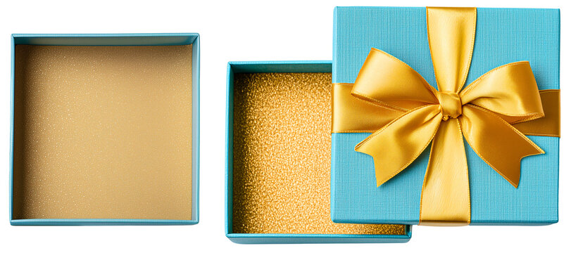 top view of an elegant blue & golden gift lid and empty glitter box interior isolated over white; concept of surprise opening, good otfer text/product presented inside a package