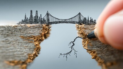 Obraz premium Hand drawing a bridge across a gap, connecting city and two rocky terrains