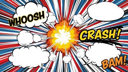 Dynamic Comic Book Explosion Background with Speech Bubbles and Action Words.