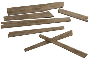 Scattered rough-hewn wooden planks, varying in length and angle, some stacked, some crisscrossed, showcasing distressed texture on transparent background