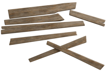 Scattered rough-hewn wooden planks, varying in length and angle, some stacked, some crisscrossed, showcasing distressed texture on transparent background