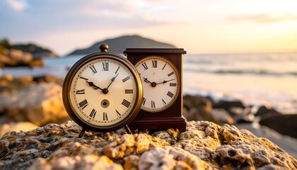 Two antique clocks on rocks by the ocean at sunrise