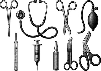 Vintage medical tools collection: classic engraving style set of essential instruments