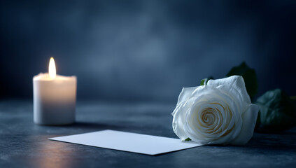Single fresh white rose with delicate soft petals lying next to an empty white card on a dark textured surface illuminated by a softly glowing white candle in a moody atmosphere