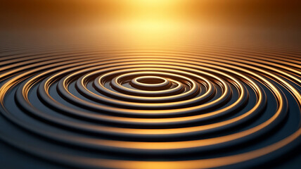 Abstract concentric circles ripple effect with golden light reflection, calm and peaceful mood