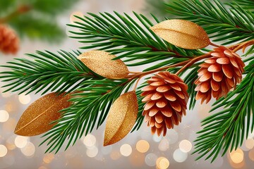 Close-up of evergreen branches with pine cones and gold glitter leaves for festive holiday decor