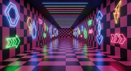 Neon Arcade Tunnel - Retro Checkerboard and Glowing Symbols.