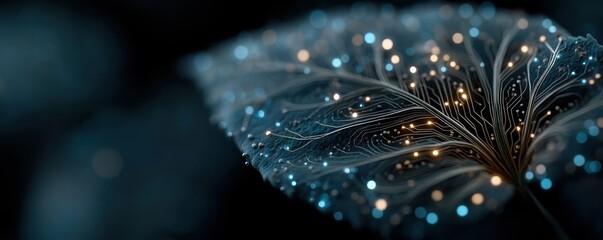 Digital illustration of an AI chip with glowing lines and networked lights, futuristic technology concept.