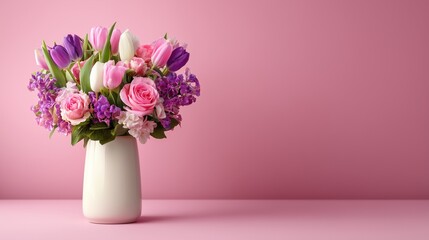 Fototapeta premium A clean, studio-style shot of a vibrant bouquet featuring pink roses and purple and white tulips, arranged beautifully in a sleek, white ceramic vase.