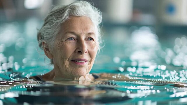 Content senior woman with gray hair smiling with eyes closed in swimming pool water