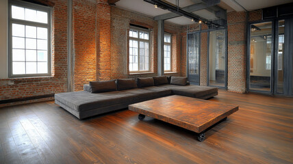 Industrial loft living room with exposed brick wall, large windows, brown sofa, wooden table