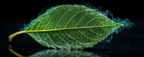 Glowing green leaf with sonic waves emanating from it, representing nature, energy, and technology themes