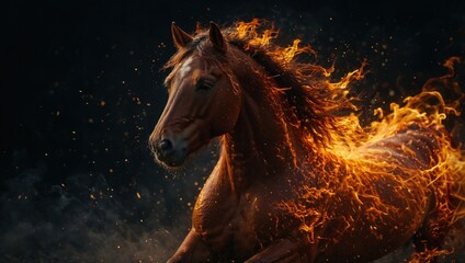 2026 New Year symbol. Fiery stallion portrait in dark smoke. Powerful horse of fire with glowing mane. Majestic burning horse fantasy artwork.